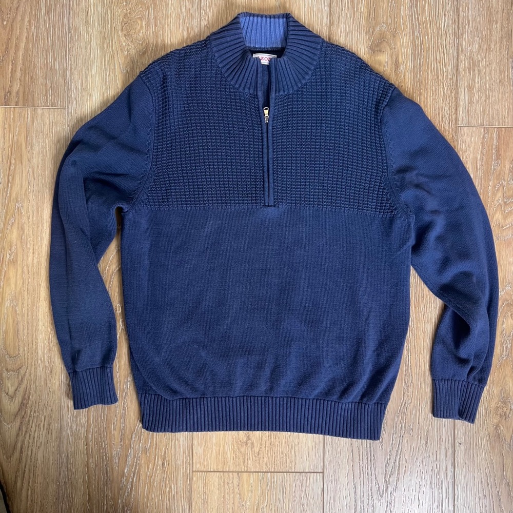 IZOD Mens Quarter Zip Sweater‎ Navy Blue Textured Knit Pullover Long Sleeve